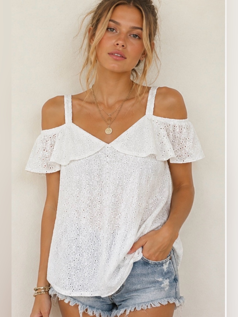 White Eyelet Cold-Shoulder Tank Top - Women's
